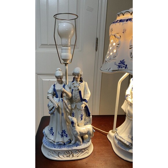 2 Vintage Porcelain Lamp Victorian Colonial Hand painted Man Woman Dog RARE 20" - Picture 16 of 16